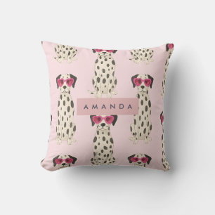 Personalized Dalmatian Dog with Pink Heart Glasses Throw Pillow