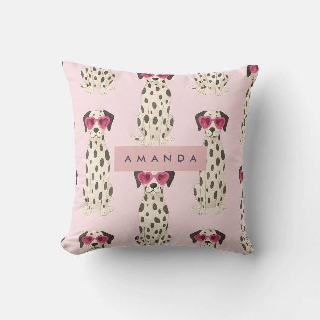 Personalized Dalmatian Dog with Pink Heart Glasses Throw Pillow (Front)