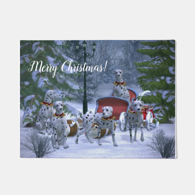 Personalized Dalmatians, Sleigh & Snow Christmas Doormat (Front)