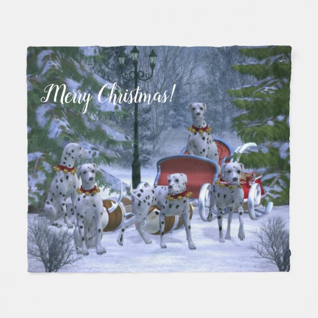 Personalized Dalmatians, Sleigh & Snow Christmas Fleece Blanket (Front (Horizontal))
