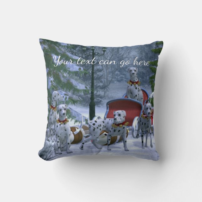 Personalized Dalmatians, Sleigh & Snow Christmas Throw Pillow (Front)