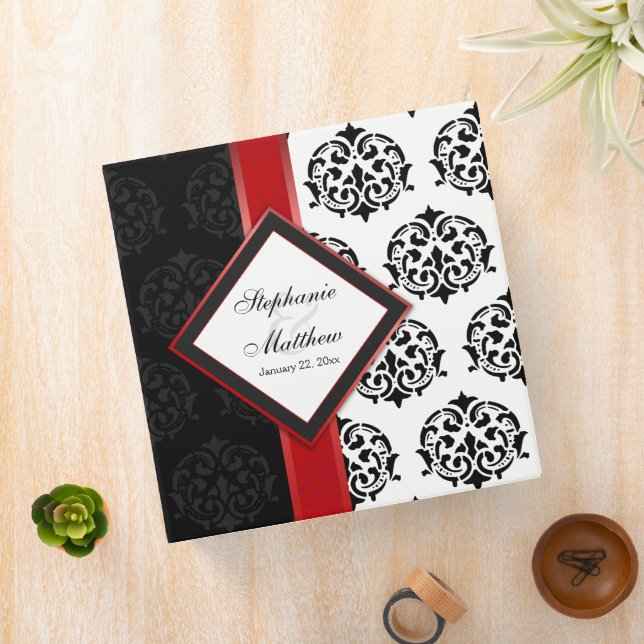 Personalized Damask and Red Ribbon 2 Inch Binder (In Situ)