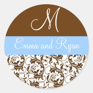 Personalized Damask Blue and Brown Stickers