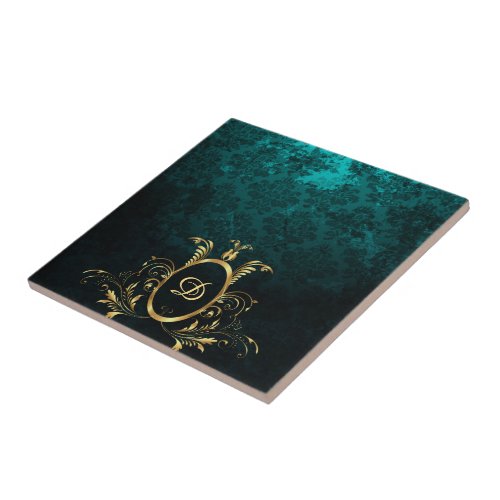 Personalized Damask gold Frame Ceramic Tile