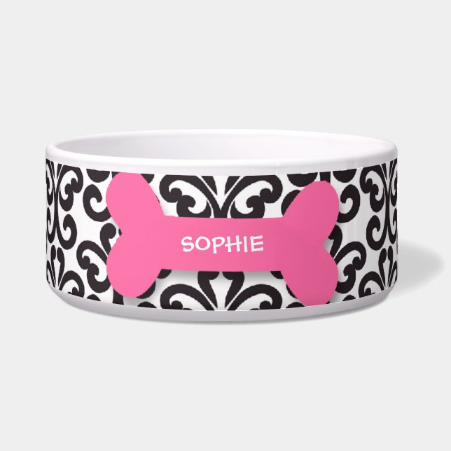 Personalized damask pink dog bone pet food bowl (Front)