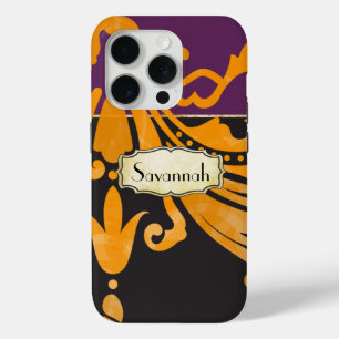 Personalized Damask Purple Yellow Gold Floral iPhone 15 Pro Case