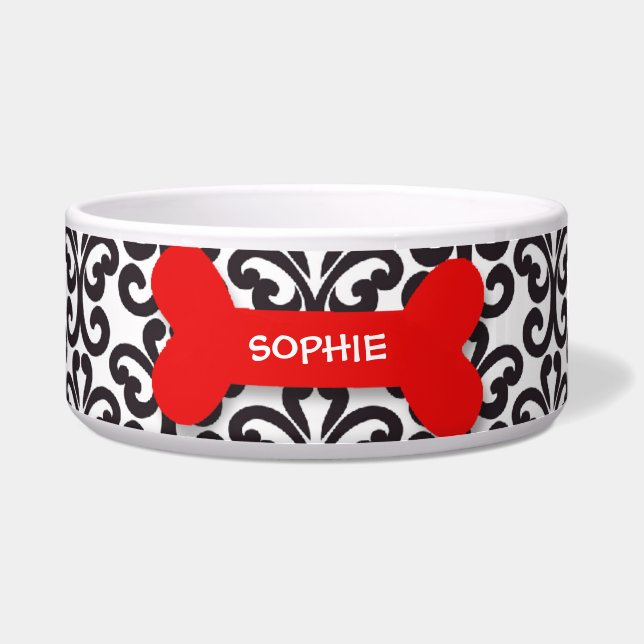 Personalized damask red dog bone pet food bowl (Front)