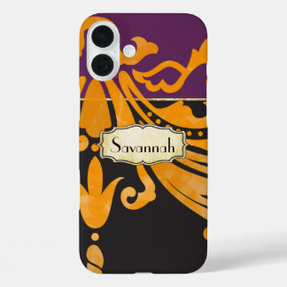 Personalized Damask Scroll Work Gold Accents iPhone 16 Plus Case
