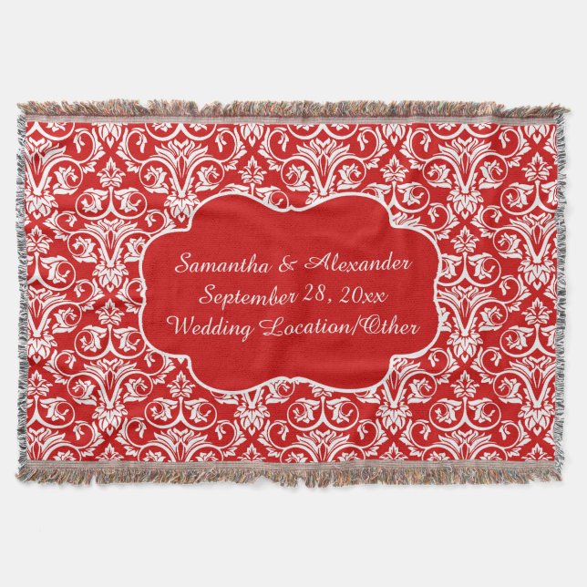 Personalized Damask Wedding/Keepsake Custom Red Throw Blanket (Front)