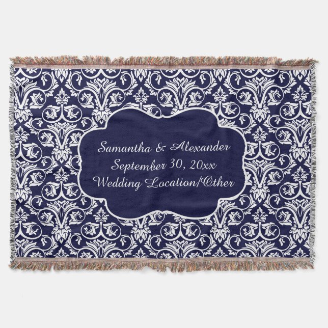 Personalized Damask Wedding/Keepsake Navy Blue Throw Blanket (Front)