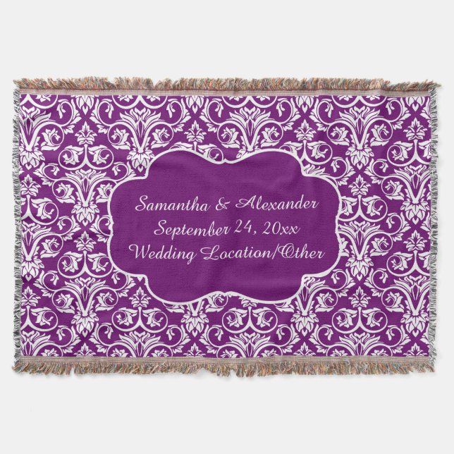 Personalized Damask Wedding/Keepsake Purple Throw Throw Blanket (Front)