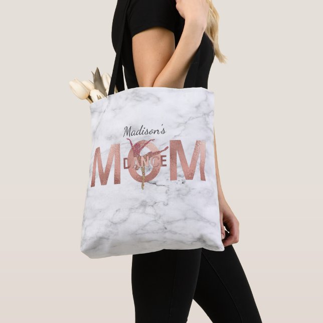 Personalized Dance Mom Rose Gold Glitter Marble Tote Bag (Close Up)