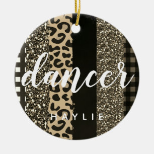 Personalized Dancer Faux Cheetah and Glitter Ceramic Ornament