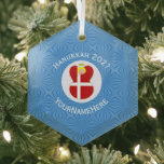 Personalized Danish Angel Hanukkah Flag Glass Ornament<br><div class="desc">Hanukkah decor hexagon shaped glass ornament for the holiday season shows an angel wearing the red and white flag of Denmark. Designed for families of multiple religions, the Hanukkah Danish angel is found in the center of white squiggly squares, surrounded by blue squiggly squares. Add a name to personalize. Customize...</div>