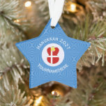Personalized Danish Angel Hanukkah Flag Ornament<br><div class="desc">Hanukkah decor star shaped ornament for the holiday season shows an angel wearing the red and white flag of Denmark. Designed for families of multiple religions, the Hanukkah Danish angel is found in the center of white squiggly squares, surrounded by blue squiggly squares. Add a name to personalize. Customize by...</div>