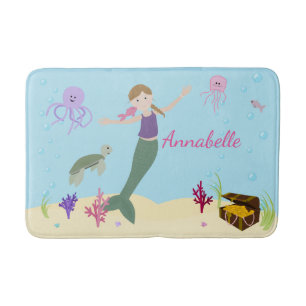Personalized Dark Blonde Mermaid and Ocean Friends Bathroom Mat