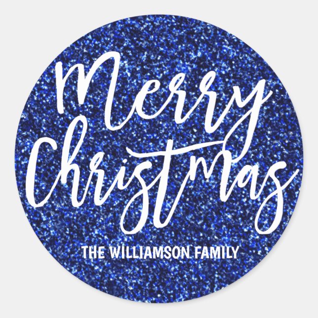 Personalized Dark Blue Glitter Merry Christmas Classic Round Sticker (Front)