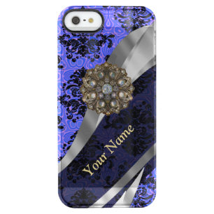 Personalized dark blue vintage damask clear iPhone SE/5/5s case