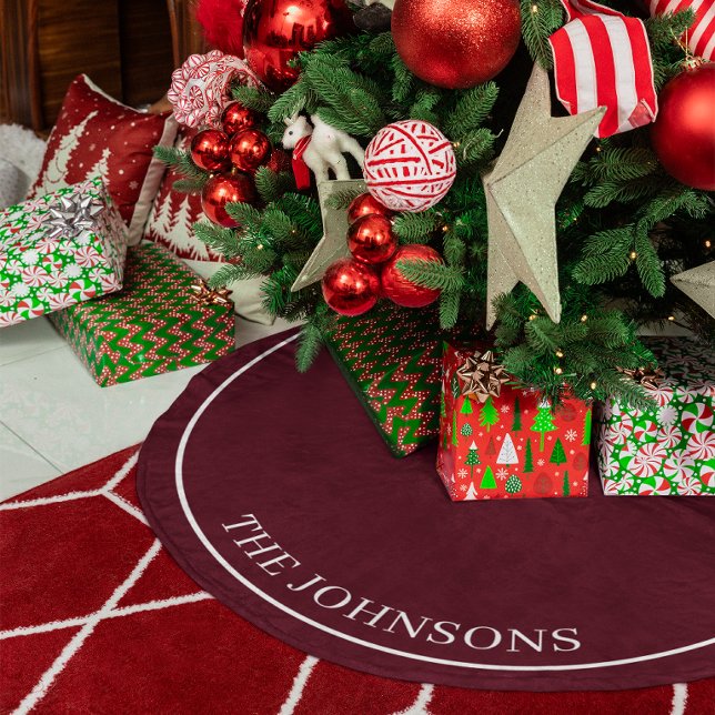 Personalized Dark Cherry Fleece Tree Skirt (Family Name Personalized Dark Cherry Burgundy Red Fleece Tree Skirt)