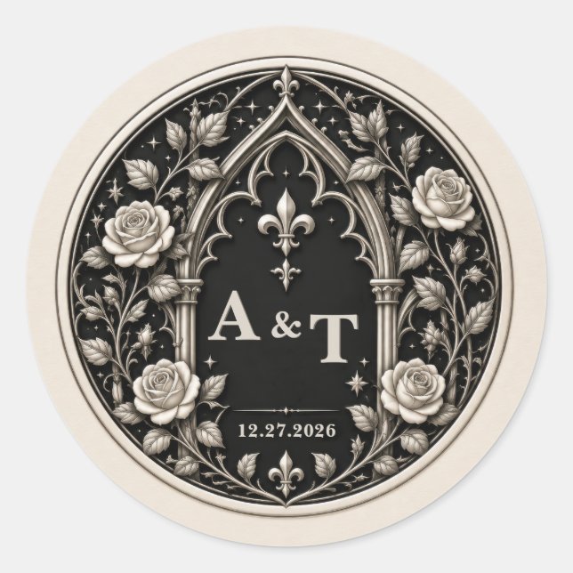 Personalized Dark Gothic Wedding Monogram Classic Round Sticker (Front)
