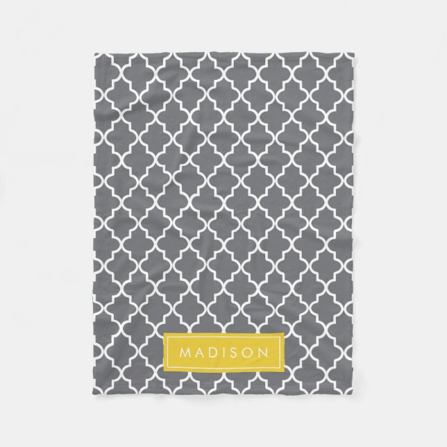 Personalized Dark Gray and Yellow Quatrefoil Fleece Blanket (Front)