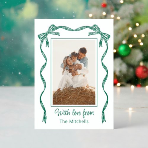 Personalized Dark Green Ribbon Christmas Holiday Letterpress Photo Cards
