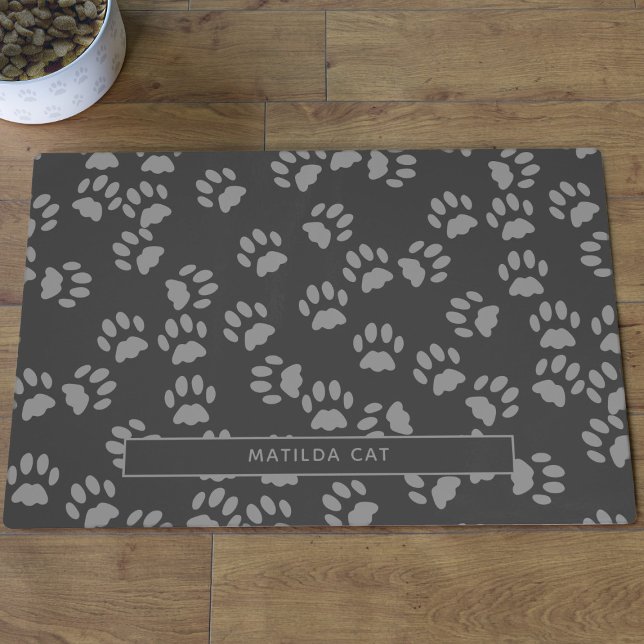 Personalized Dark Grey Paw Print Cat Mat Placemat (Add your fur-baby's name to this dark gray paw print pattern placemat. )