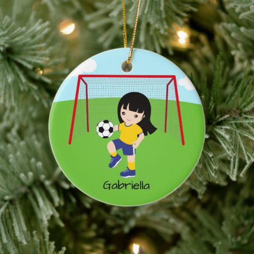 Personalized Dark Haired Soccer Girl Christmas Ceramic Ornament
