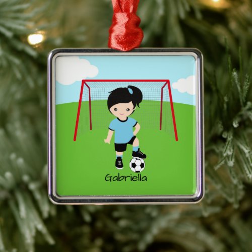 Personalized Dark Haired Soccer Girl Christmas Metal Ornament