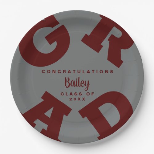 Personalized Dark Maroon and Gray Graduation Paper Plates