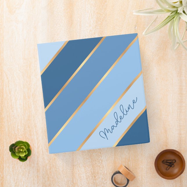 Personalized Dark Medium Light Blue Gold Stripe 3 Ring Binder (In Situ)