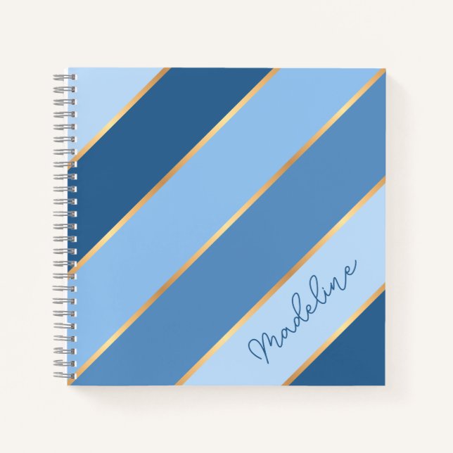 Personalized Dark Medium Light Blue Gold Stripe Notebook (Front)