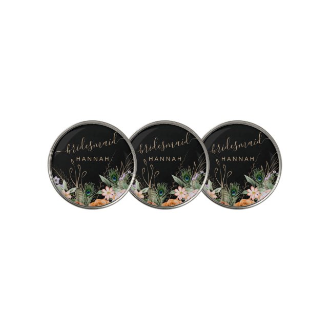Personalized Dark Peacock Feather Bridesmaid Golf Ball Marker (3 Up)