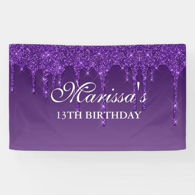 Personalized Dark Purple Dripping Glitter Birthday Banner (Horizontal)