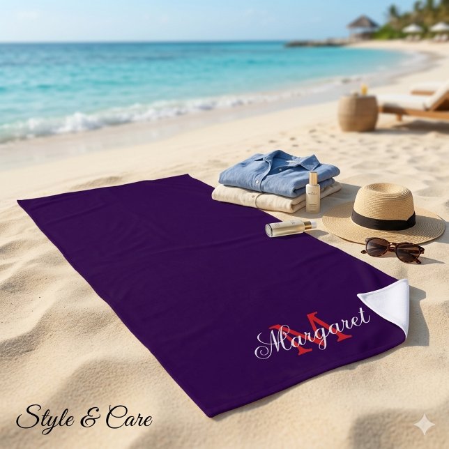 Personalized Dark Purple Name and Initial Beach Towel (Personalized Dark Purple Name and Initial Beach Towel)