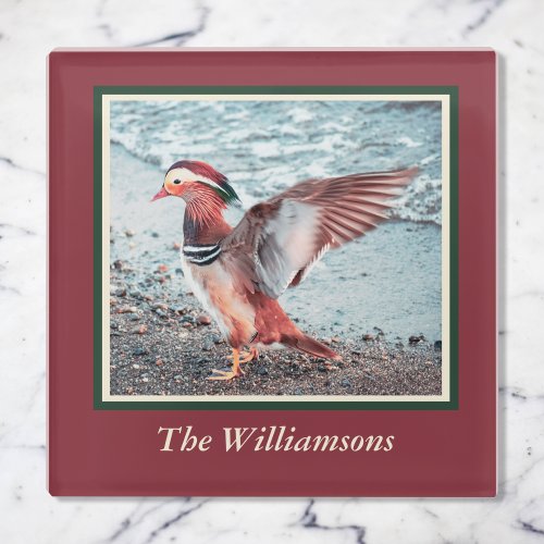 Personalized Dark Red  and Green Mandarin Duck Glass Coaster