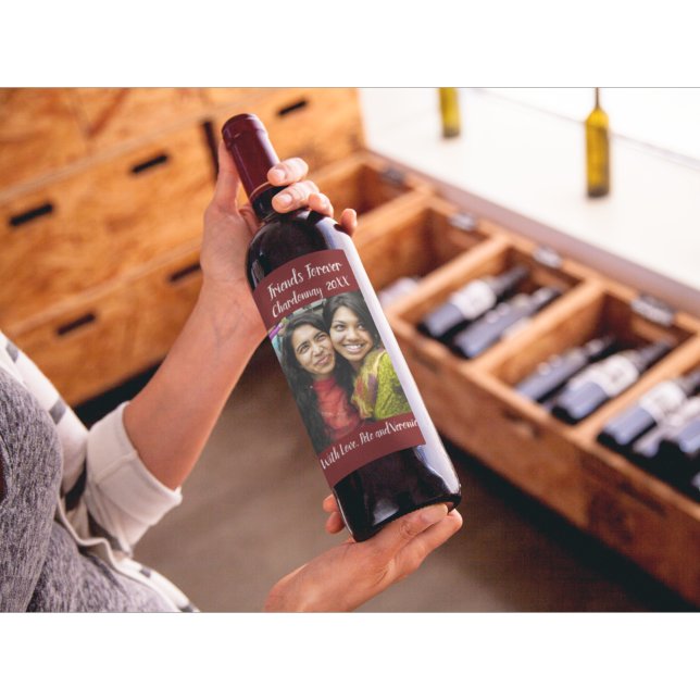 Personalized Dark Red Photo Friends Forever Wine Label (Creator Uploaded)