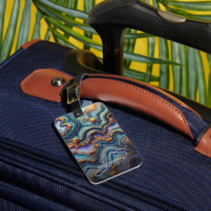 Personalized Dark Teal Blue Purple Gold Marble Luggage Tag