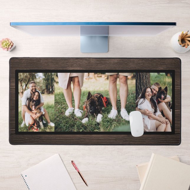 Personalized Dark Wood 3 Photo Collage Desk Mat (Creator Uploaded)