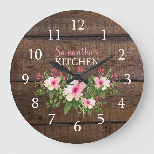 Personalized Dark Wood And Pink Floral Kitchen   Large Clock (Front)