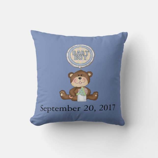 Personalized Date Teddy Bear with Balloon Throw Pillow (Front)