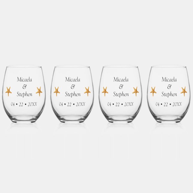 Personalized Dated B&W Starfish Stemless Wine Glass (Front)