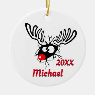 Personalized Dated Funny Reindeer Ceramic Ornament