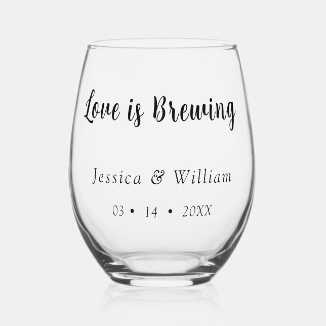 Personalized Dated Love is Brewing Stemless Wine Glass (Front)