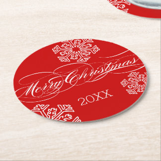 Personalized Dated Red Snowflake Merry Christmas Round Paper Coaster