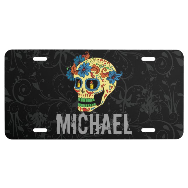Personalized Day Of The Dead Sugar Skull License Plate (Front)