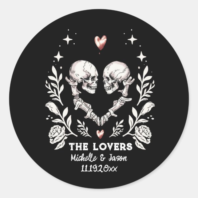 Personalized Death Lovers Gothic Skeleton Wedding Classic Round Sticker (Front)