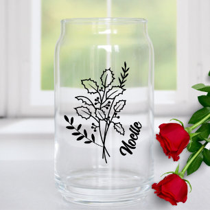 Personalized December Birth Month Flower Holly Can Glass