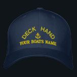 Personalized deckhand yacht crew embroidered baseball hat<br><div class="desc">Personalize this nautical themed sailing crew deckhand cap with an anchor motif with your sail or motor boats name, or change the text for another crew member. Click customize to adjust the text size, color or style of embroidery font to match other color of the hat. Visit the CUSTOMTHREADS STORE...</div>