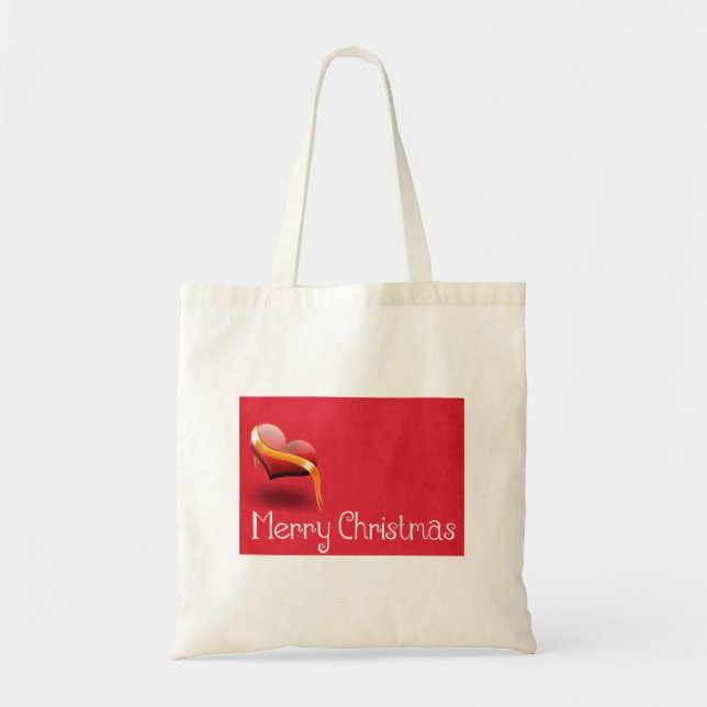 Personalized Decorative Merry Christmas Red Heart Tote Bag (Front)